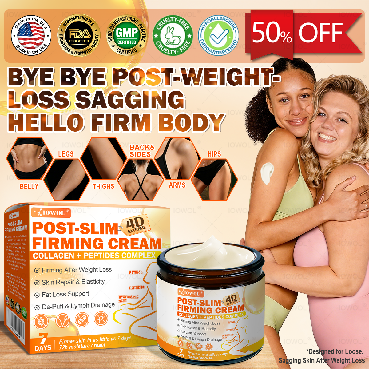 𝐈𝐎𝐖𝐎𝐋® 𝐏𝐨𝐬𝐭-𝐒𝐥𝐢𝐦 𝐅𝐢𝐫𝐦𝐢𝐧𝐠 𝐂𝐫𝐞𝐚𝐦 𝐰𝐢𝐭𝐡 𝐆𝐇𝐊-𝐂𝐮, 𝐀𝐫𝐠𝐢𝐫𝐞𝐥𝐢𝐧𝐞 & 𝐌𝐚𝐭𝐫𝐢𝐱𝐲𝐥 𝟑𝟎𝟎𝟎, 𝐜𝐨𝐥𝐥𝐚𝐠𝐞𝐧 𝐩𝐞𝐩𝐭𝐢𝐝𝐞𝐬 𝐚𝐧𝐝 𝐬𝐤𝐢𝐧-𝐟𝐢𝐫𝐦𝐢𝐧𝐠 𝐚𝐜𝐭𝐢𝐯𝐞𝐬 𝐭𝐨 𝐭𝐚𝐫𝐠𝐞𝐭 𝐥𝐨𝐨𝐬𝐞, 𝐬𝐚𝐠𝐠𝐢𝐧𝐠 𝐬𝐤𝐢𝐧 𝐚𝐟𝐭𝐞𝐫 𝐰𝐞𝐢𝐠𝐡𝐭 𝐥𝐨𝐬𝐬.